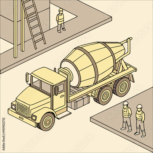 Concrete mixer truck on construction site with workers  