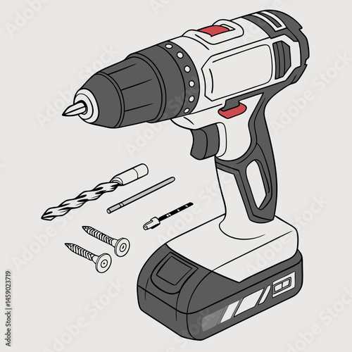 Cordless drill with various accessories displayed on a light background  
