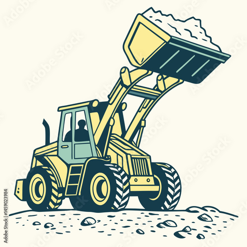 Loader vehicle lifting gravel on a construction site  
