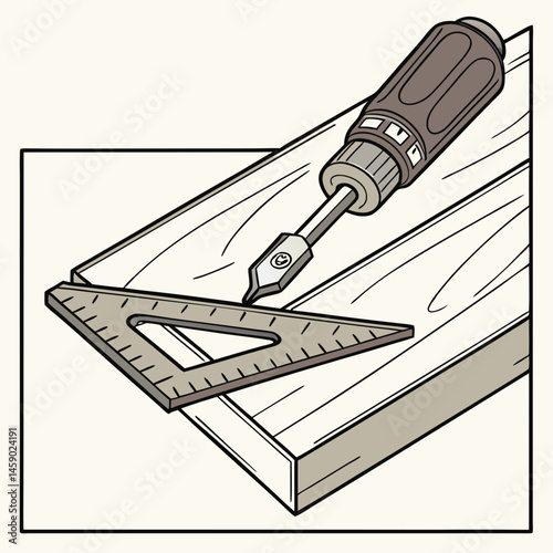 Tool design with square and screwdriver on wooden surface  