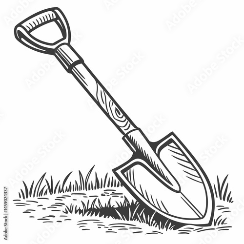 Shovel resting on grass in a vintage style  