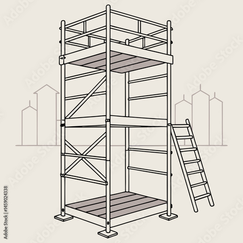 Scaffolding structure with ladder against a city skyline  