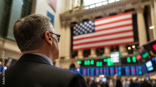 A businessman in a suit stands with his back to the camera, observing the stock exchange floor, an American flag visible in the background. : Generative AI