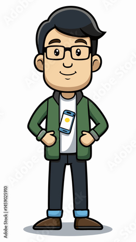 Friendly app developer showcasing his phone  