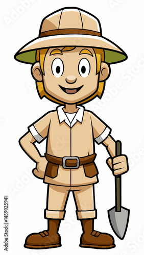 Animated archaeologist smiling with shovel in playful style  