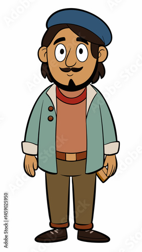 Cartoon man smiling confidently in casual attire on a white background  