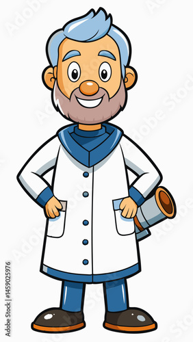 Astronomer smiling with telescope against a white background  