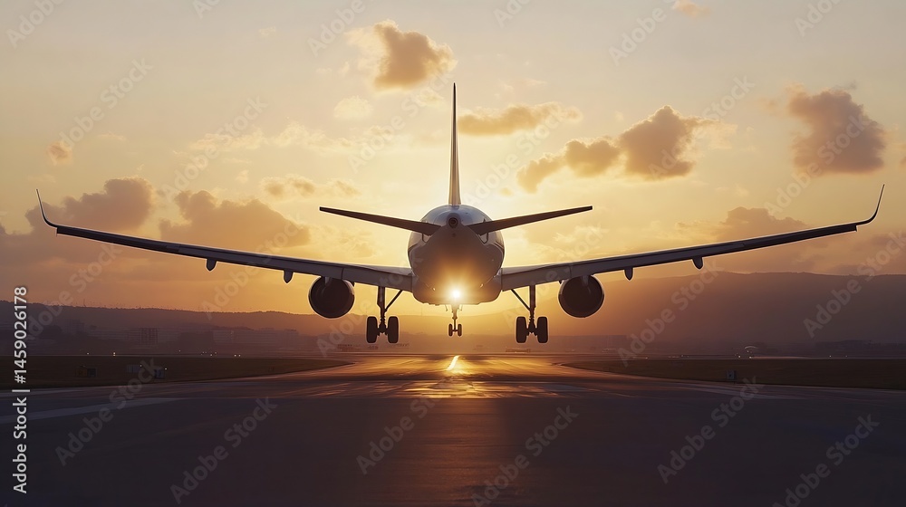Fototapeta premium Airplane landing at sunset, low angle view of a commercial jetliner approaching the runway during golden hour, with the sun setting behind it. : Generative AI