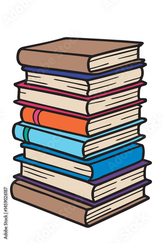 The vector doodle style illustration features a tall stack of books arranged neatly against a clean, minimalistic white background for modern appeal.

