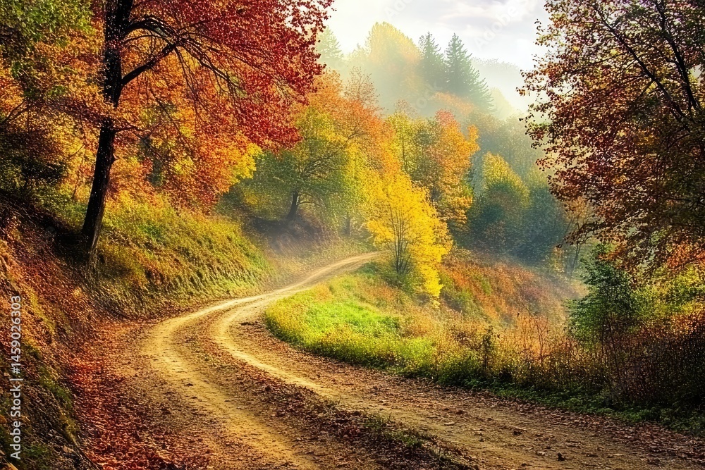 Obraz premium Autumnal pathway winding through a colorful forest, bathed in soft light. Trees display vibrant hues of gold, orange, and red foliage. A misty atmosphere envelops the scene