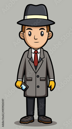 Detective Character Holding a Phone Against Neutral Background  