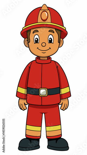 Cartoon firefighter smiling in a red uniform on a white background  