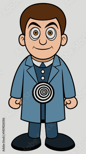 Cartoon hypnotist with swirling eyes standing confidently  