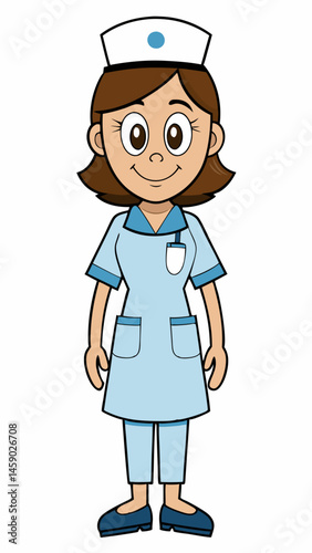 Cartoon nurse smiling in scrubs against a plain background  