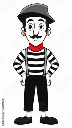 Mime artist in striped outfit and beret standing confidently   