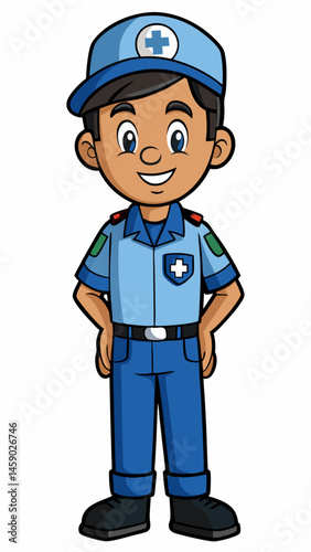Paramedic character smiling in uniform against a white background  