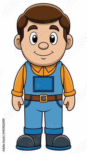 Cartoon boy smiling in blue overalls on a white background  