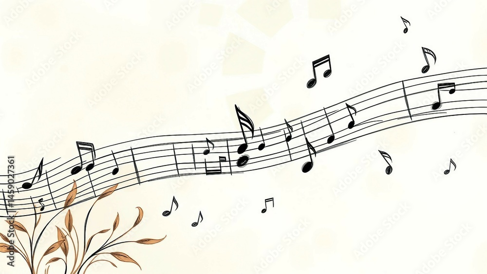 Verspielte Notenzeile mit floralen Elementen auf hellem Hintergrund – ideal für Musikposter, Einladungen oder kreative Papeterie. Verspielte Notenzeile mit floralen Elementen auf hellem Hintergrund – ideal für Musikposter, Einladungen oder kreative Papeterie.