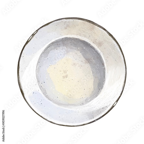 Flat white enamel plate with black rim, rustic farmhouse kitchen style, vintage tableware for serving food, minimalist dish for decor or culinary use, watercolor clipart isolated on white background
