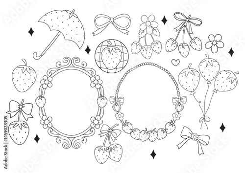 Strawberry set with Strawberry Umbrella, Ribbon Bows, Balloons and Vintage Frame Doodle Cartoon Style Hand Drawn Elements Coloring Page Vector