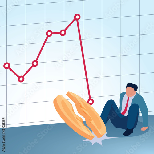 A man sits watching an arrow fall and split a coin. A metaphorical illustration for financial crisis, losses and inflation.