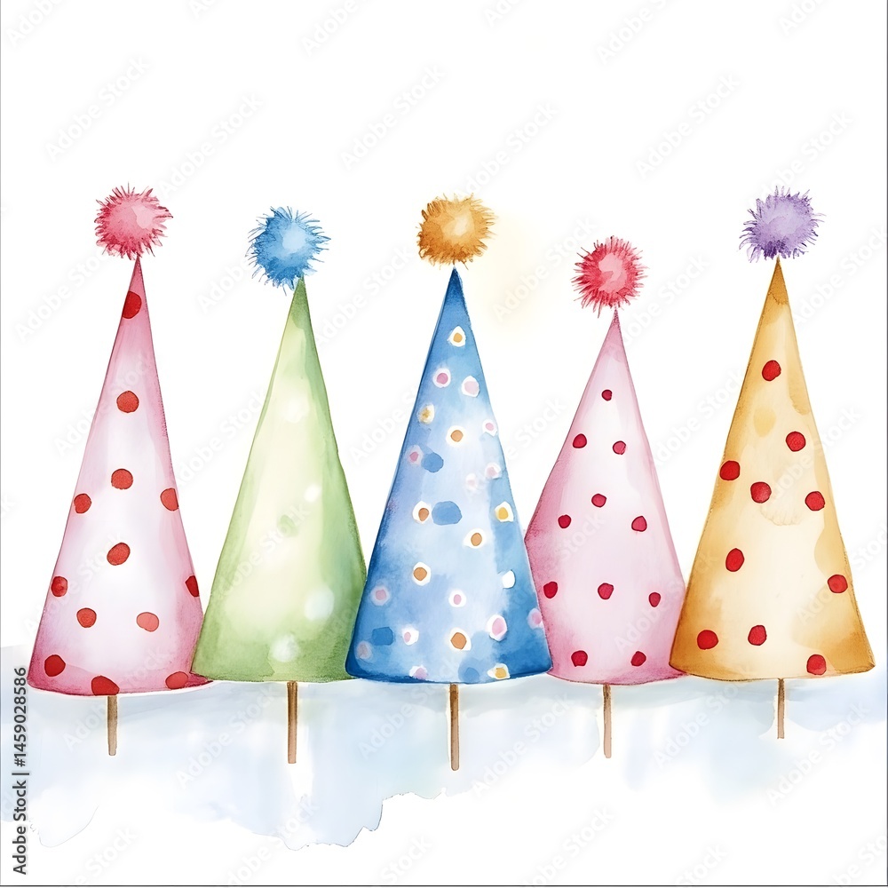 Obraz premium Colorful party hats arranged in a row, featuring playful patterns, vibrant designs, and cheerful decorations for celebrations