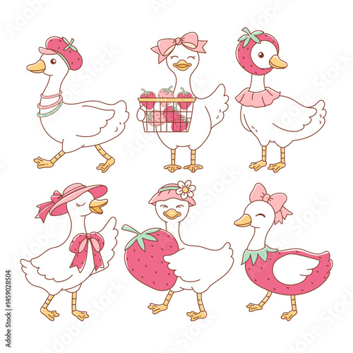Strawberry Silly Goose and Trendy Goose Doodle Cartoon Style Hand Drawn Elements Vector