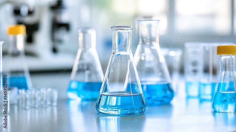 Close-up view of laboratory glassware filled with a vibrant blue liquid, showcasing erlenmeyer flasks and beakers on a clean lab bench. : Generative AI Close-up view of laboratory glassware filled with a vibrant blue liquid, showcasing erlenmeyer flasks and beakers on a clean lab bench. : Generative AI