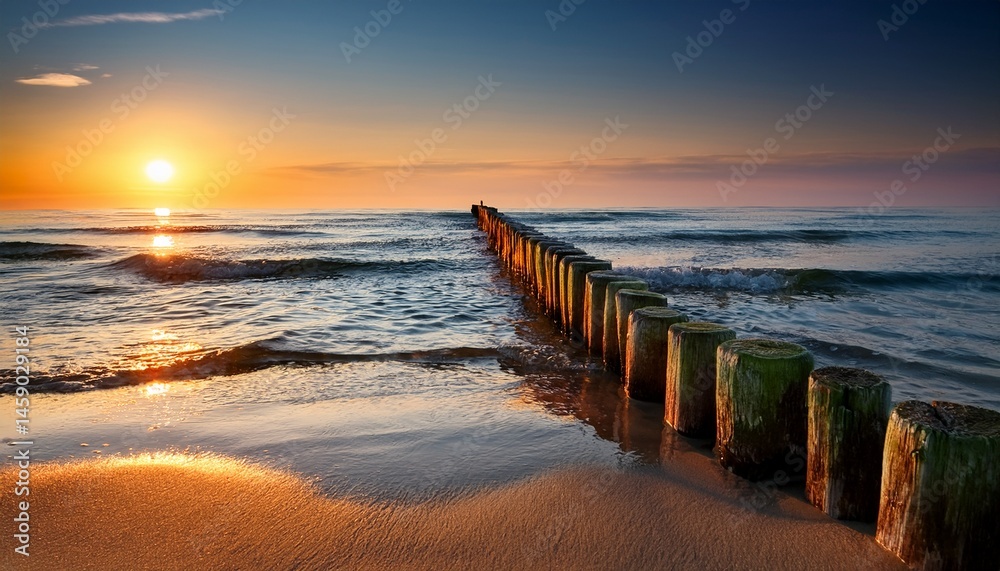 Fototapeta premium wooden breakwater on the beach at sunset baltic sea usedom