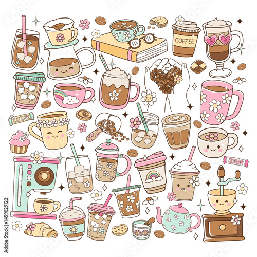 Groovy Coffee Lover, Barista Coffee Shop Supplies Doodle Cartoon Style Hand Drawn Elements Vector