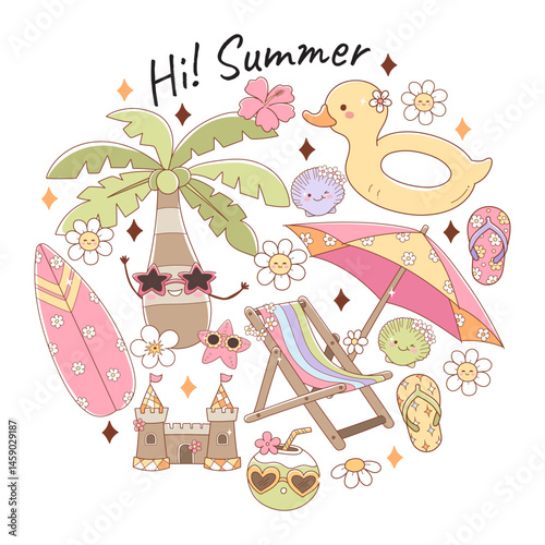 Groovy Summer Vibes, Retro Vacation Doodle Cartoon Style Hand Drawn Elements Vector