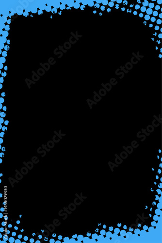 Abstract grunge halftone border in light blue. Distressed frame with pop art dot patterns and rough, uneven edges on a black background. Ideal vector overlay for cool, edgy designs or texture effects.