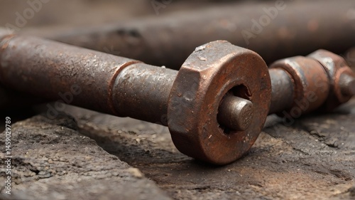 Rusty bolt and surface showcasing texture, wear, and time effects, creating a rugged industrial aesthetic.