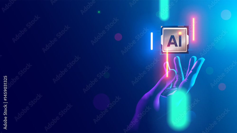 AI electronic chip or CPU. Processor with cores over above the engineer hand. A modern microchip with a 3nm process technology. Futuristic computer chip for neural networks. Developments hardware.