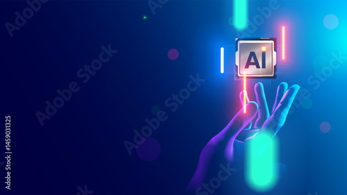 AI electronic chip or CPU. Processor with cores over above the engineer hand. A modern microchip with a 3nm process technology. Futuristic computer chip for neural networks. Developments hardware.