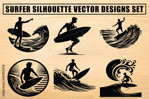 Black Surfer Silhouette Vector Design Set