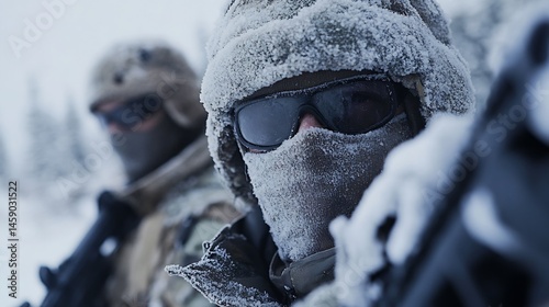 Two soldiers, faces obscured by frost and snow, stand vigilantly in a snowy, wintry landscape, their camouflage blending seamlessly with the frozen environment.  The cold, harsh condit : Generative AI photo