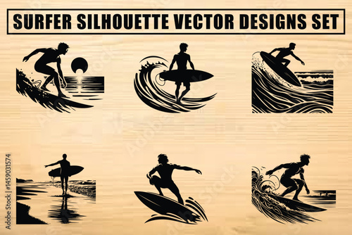 Black Surfer Silhouette Vector Design Set