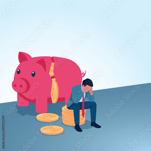 A man sits dejectedly next to a broken piggy bank. A metaphorical illustration for financial crisis, losses and inflation.