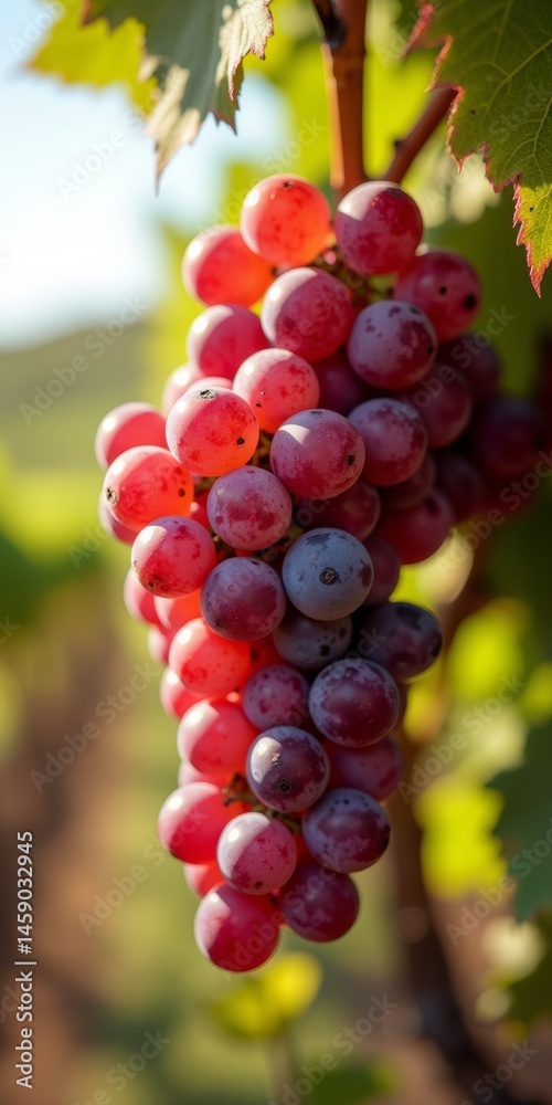 Bunches of red and blue grapes on a branch Bunches of red and blue grapes on a branch