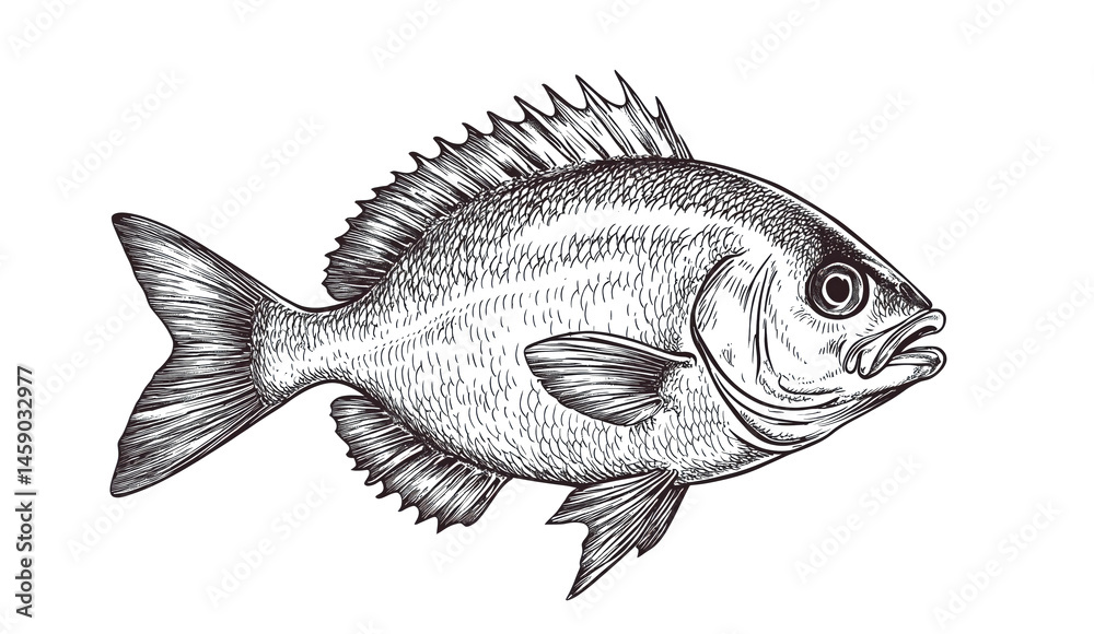 Obraz premium Fish sketch dorado gilt-head bream. Vintage retro print, black white gilt-head bream fish sketch ink pencil style drawing, linear drawing, engrave old school. Sketch artwork dorado fish. Illustration