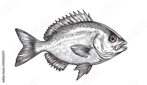 Fish sketch dorado gilt-head bream. Vintage retro print, black white gilt-head bream fish sketch ink pencil style drawing, linear drawing, engrave old school. Sketch artwork dorado fish. Illustration