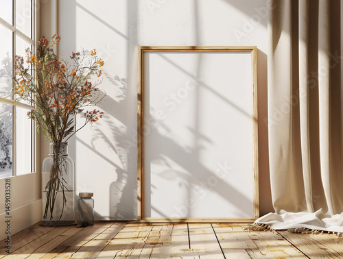frame mockup poster is leaning on a white wall with plant decoration