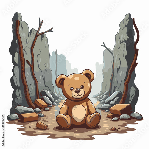 Lonely teddy bear sitting amidst rubble, a symbol of lost childhood