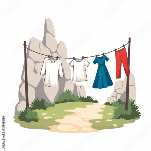 Clothes hanging on a line near ancient ruins, simplicity and nature