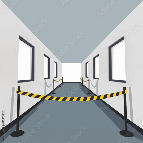 Empty airport corridor with warning tape and geometric shapes, symbolism of caution