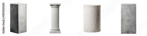 Minimalist architectural columns and pedestals in gray and white tones.