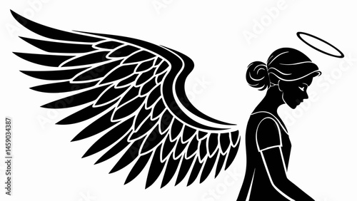 Vector art of elegant silhouette of an angel with wings and halo, a symbol of divine grace and spiritual protection isolated on white background