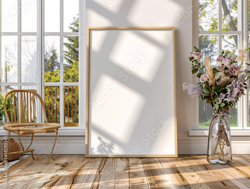 Blank frame mockup leaning on white wall in modern interior design style