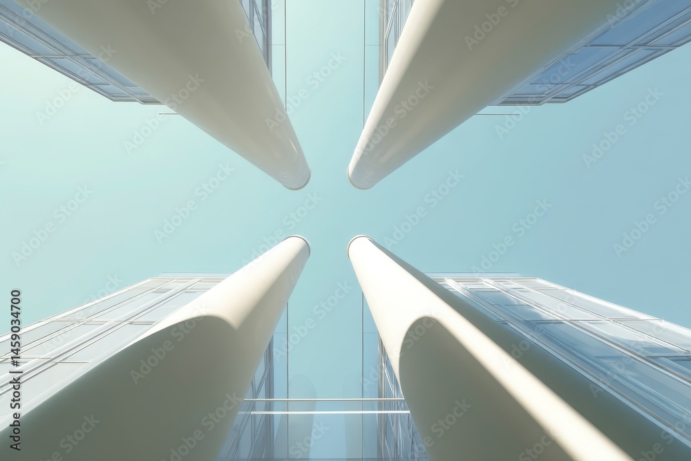 Obraz premium Tall, round pillars supporting a modern skyscraper, abstract modern architecture, business finance hotel building
